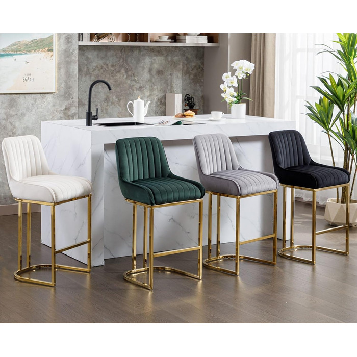 Набір з 2 барних стільців з велюру з золотистими металевими ніжками, з підлокітниками, для кухонного острова/домашнього бару, сірий
