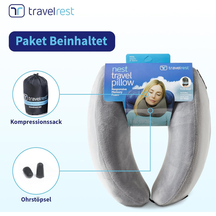 Подушка для шиї Travelrest Nest з Memory Foam - підтримка шиї для подорожей, літаків, довгих поїздок. Ідеально для дорослих, комфорт, знімний чохол - сіра