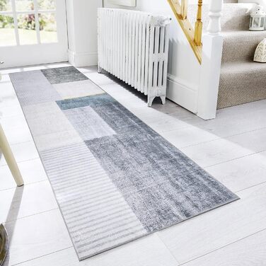 Килимове покриття Calore для передпокою неслизьке, миється, довгий м'який килим для кухні (80 x 300 см, сірий/синій/золотий)