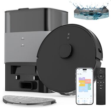 Робот-пилосос з функцією миття та станцією самоочищення, об'єм 3.5л, для килима та шерсті тварин, керування через додаток та Alexa, LiDAR навігація, час роботи 180хв (Чорний)