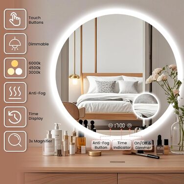 Дзеркало для ванної кімнати Habison з підсвічуванням 70x70 см, LED, з годинником та сенсорним вимикачем, регулювання яскравості, тепле/холодне/нейтральне світло, антизапотівання, 3-кратне збільшення