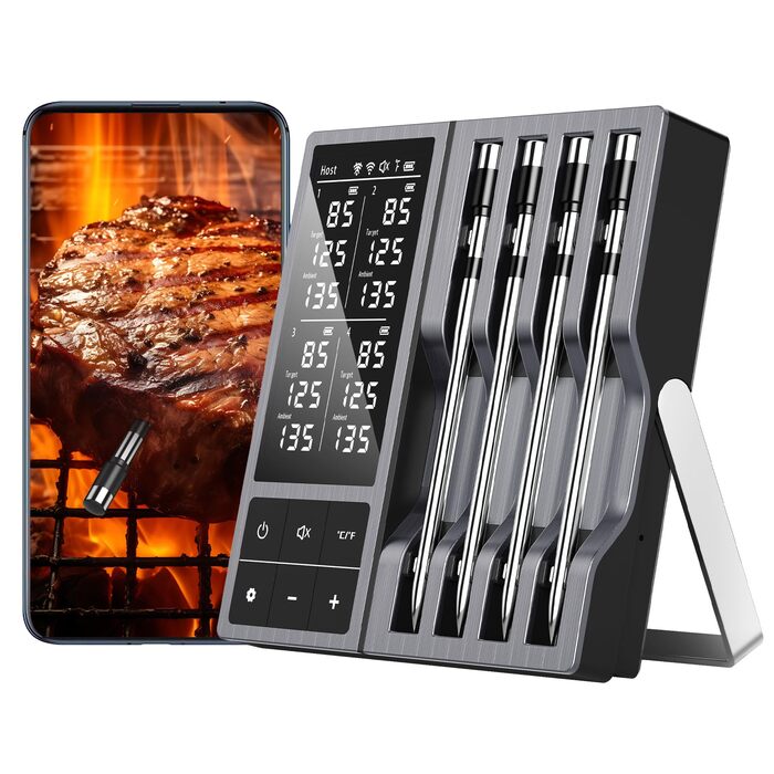 Цифровий термометр для м'яса – миттєвий термометр для гриля та продуктів харчування, бездротовий, ультратонкий зонд з двома датчиками 0,19 дюйма, Bluetooth 5.2, радіус дії 243,8 м, сповіщення через додаток, водонепроникний IP67 (набір з 4 зонди)