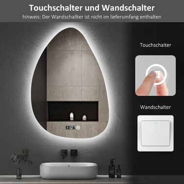 Дзеркало для ванної кімнати з підсвічуванням та годинником 50x70 см, LED, сенсорне керування, 3 кольори світла, диммування, 2470LM, стиль Jy01