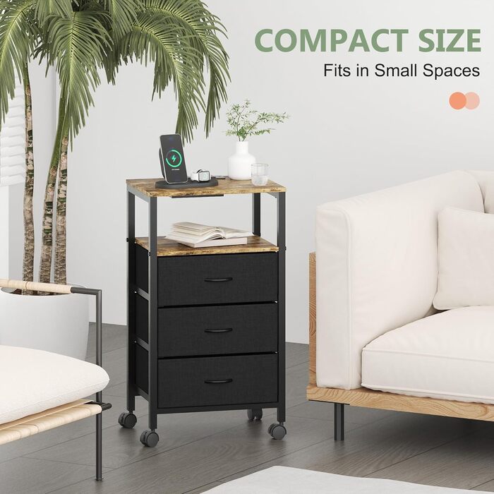 Нічний столик з бездротовою зарядкою, 2 розетки AC та 2 USB-порти, 3 шухляди, коліщатка, вінтажний дизайн, чорно-коричневий (для вітальні, спальні)