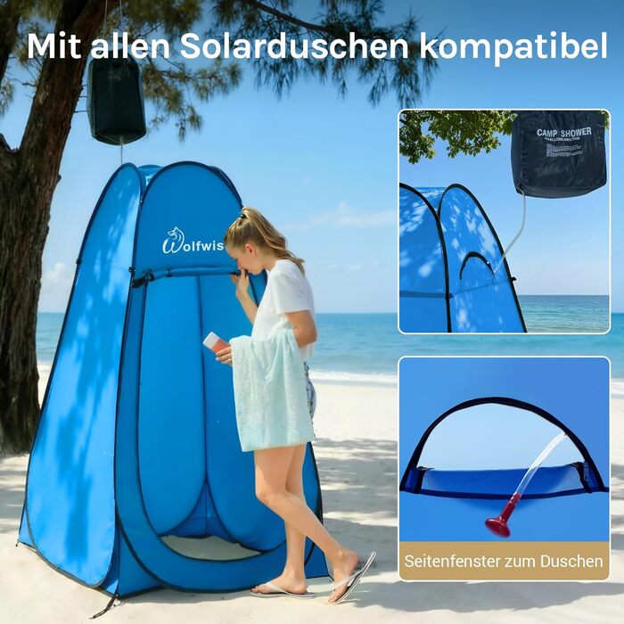 Складана душова кабіна-намет WolfWise для кемпінгу та переодягання, водонепроникний намет-туалет з UV-захистом, компактний та легкий (1,9м x 1м), синій
