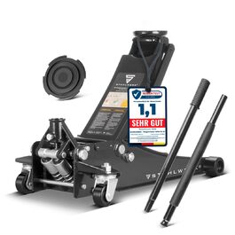 Гідравлічний домкрат Stahlwerk 3т низькопрофільний (73-500 мм) з гумованими колесами, подвійним поршнем, чорний