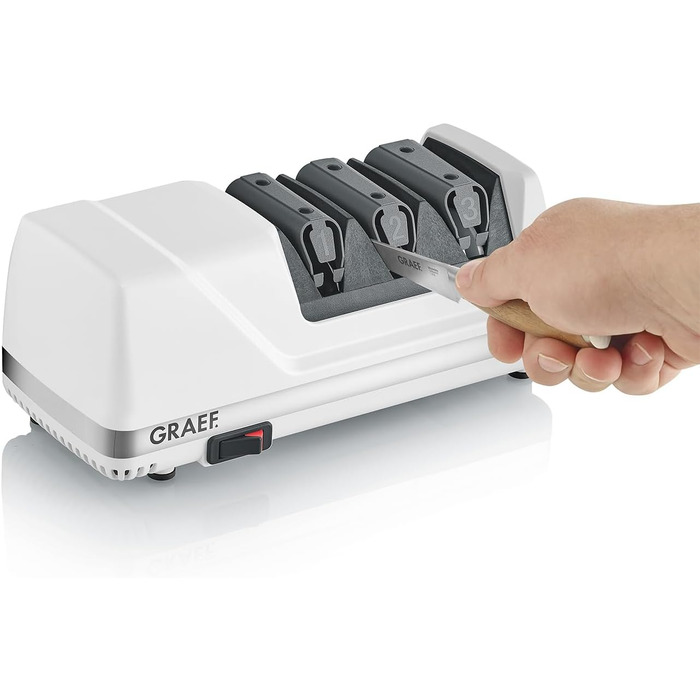 Електричний точило для ножів GRAEF CC120, 3 рівні заточування, алмазне напилення, для кухонних та мисливських ножів, білий
