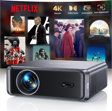 4K проєктор Smart Beamer з Netflix, Dolby Audio, 1000 ANSI люмен. Підтримка автофокусу, корекції трапеції 6D, WiFi 6/Bluetooth. Підходить для Android/iPhone, для дому та на вулицю. Чорний.