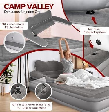 Надувне ліжко для гостей 200x150х40 см з підголовником, самонадувне, з вбудованим насосом, для кемпінгу