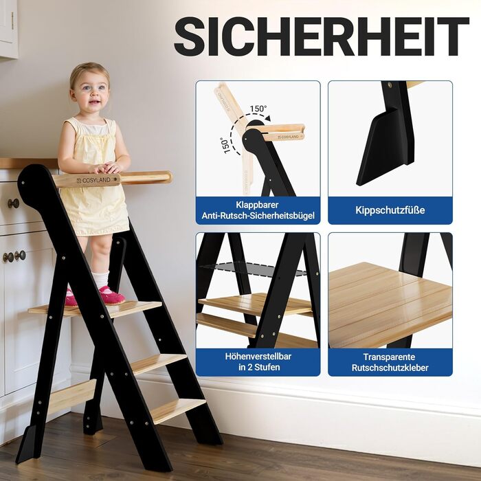 COSYAND Монтессорі стільчик-сходинка для дітей від 1 року, регульована висота, безпечний | Сходинка Монтессорі для кухні, сірий колір