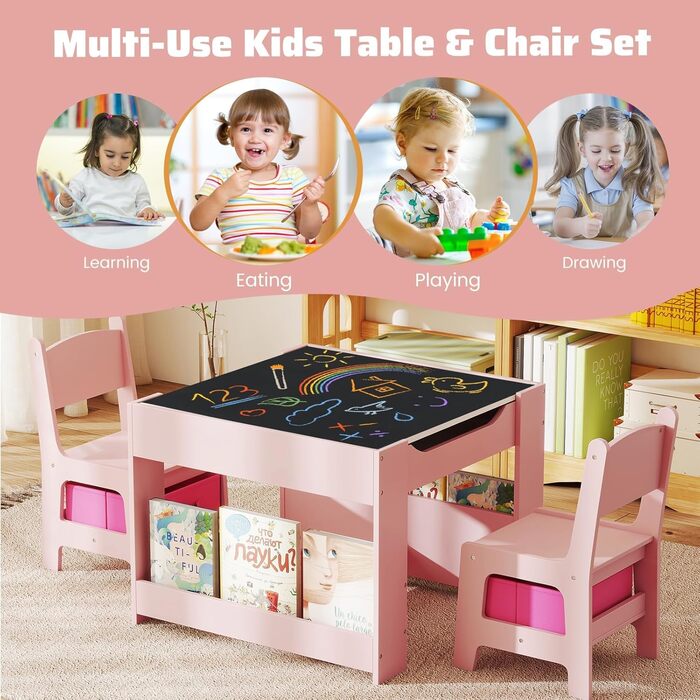 Дитячий стіл LIFEZEAL 3 в 1 з 2 стільцями: стіл для малювання, активностей та обіду. Дерев'яна дитяча група з місцем для зберігання (Рожевий)
