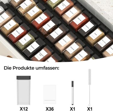 Набір баночок для спецій кутовий 12 шт. 120 мл з кришкою, чорний, з дозатором та 120 етикетками