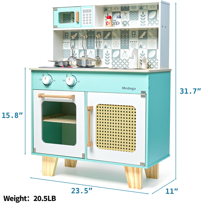 Дитяча дерев'яна кухня для гри - ігровий набір з аксесуарами, 26 предметів, іграшкова кухня для дітей 3+ років, велика зелена кухня