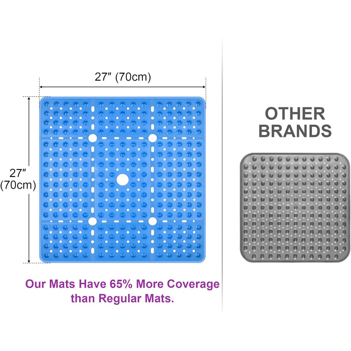 Протиковзкий килимок для душу Kingrading XL 70x70 см, 240 присосок, зливні отвори, можна прати в пральній машині (прозорий синій)