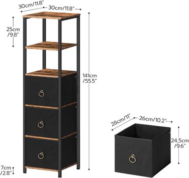 Тумба для ванної кімнати HOOBRO, окремо стояча, вузька, 3 тканинні ящики, вінтажний коричневий/чорний EBF140CW01