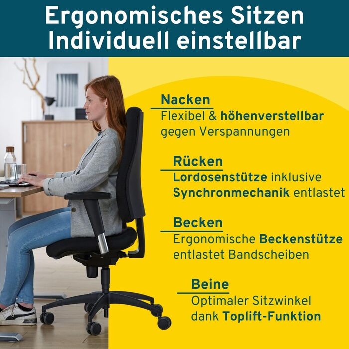 Офісне крісло SCHÄFER Shop Pure SSI Proline P1 з синхромеханікою, підлокітниками та підтримкою попереку, для здоров'я спини