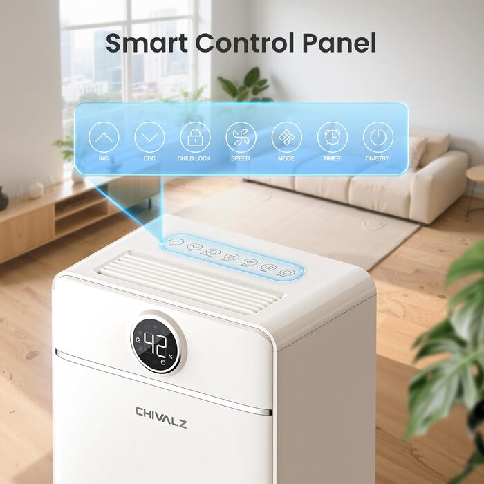 Електричний осушувач повітря CHIVALZ 12л/24г для приміщень до 120м³ (30м²), 3 режими роботи, таймер 24г, автоматична відтавлювання (білий)
