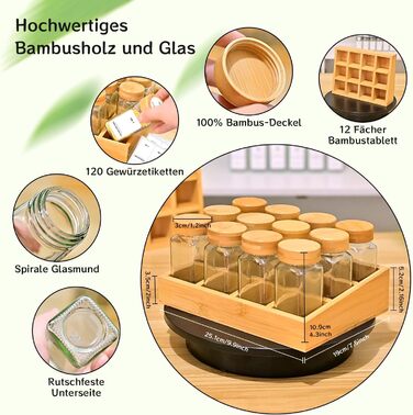 Стійка для спецій, що обертається на 360 Банки 20x100 мл 90 етикеток 12 банок з бамбуковими кришками