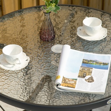 Зручний садовий столик, вуличний столик для тераси, меблі для саду, балконний столик, бістро-столик з отвором для парасольки, стільниця з загартованого скла + металевий каркас, чорний, Ø80 x 72 см