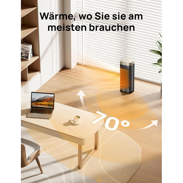 Електричний обігрівач DREO Solaris Slim H2, 2000W, керамічний, з термостатом, таймером, 3 режими, осциляція 70°, захист від перегріву та перекидання, золотий