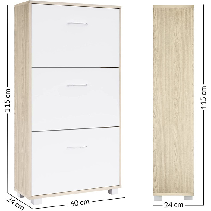 Шафа для взуття Casaria® на 18 пар, вузька, 115x60x25 см, 3 дверцята, висока, з дерева, закрита, з фіксацією від перекидання, для прихожого, світла бука/білий колір