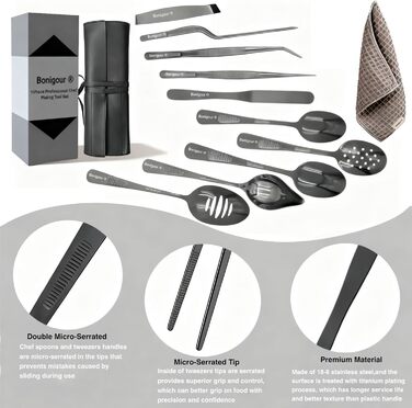 Набір кухонних аксесуарів 11 в 1, професійний, з нержавіючої сталі, чорний | Кухоль, лопатка, ложка, прес-пап'є