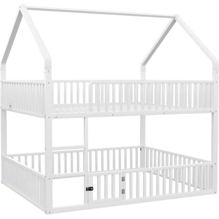 Двоярусне ліжко 140x200 для 2 дітей з лесенкою та бар'єром, металеве, з ламелями (біле)