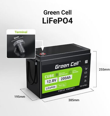 Акумулятор Green Cell LiFePO4 200Ah 12,8 В, літієва батарея 2560 Втгод з BMS, термін служби 10 років, 5500 циклів