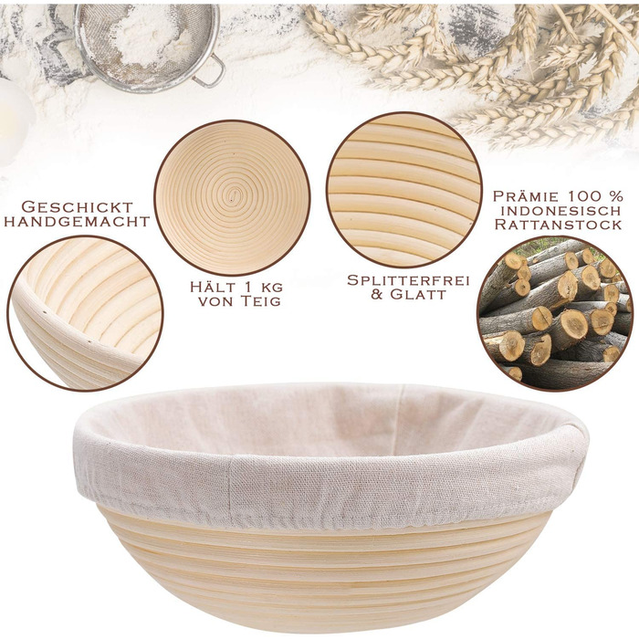 Набір для випікання хліба Yaani: гільзи для бродіння (2 шт.), щітка для тіста, ніж для хліба, 22 см та 25 см