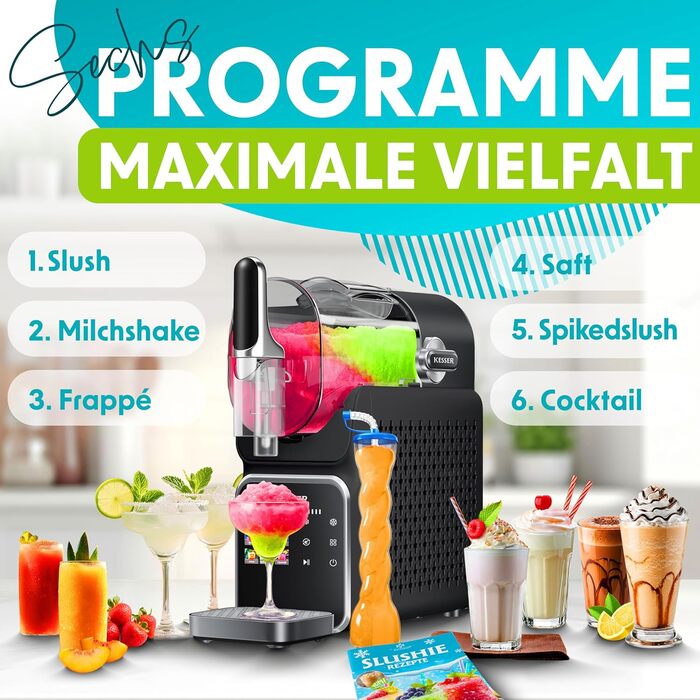 KESSER® Машина для приготування сляшу вдома - Сляш-мейкер 2L - для сляшу, коктейлів, фраппе, молочних коктейлів та замороженого соку - за 25 хв та з 6 програмами - в комплекті 3 стаканчика та книга рецептів, (2 літри, Чорний)