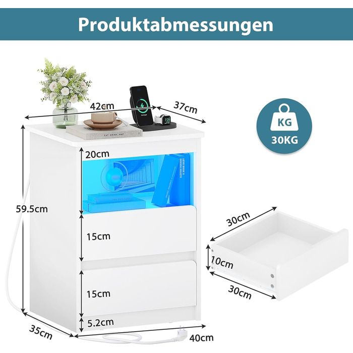 Приліжкова тумбочка Brinlawb з функцією зарядки та світлодіодом, висувні ящики та відділення, біла (37x42x59см)