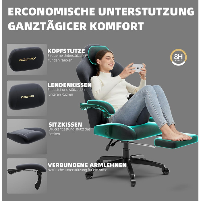 Ігрове крісло Dowinx з масажем попереку, регульованою підголівником, потовщеним сидінням, висувною підніжкою, регульованими підлокітниками, мікрофібровим велюром, нахилом 160°, темно-сіре