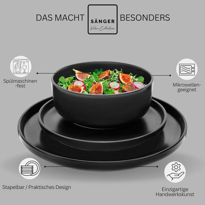 Набір посуду SÄNGER Madeira на 6 осіб, 30 предметів: тарілки, чашки, салатники, стеатовий фарфор, чорний, для мікрохвильовки та посудомийної машини | VALUE COLLECTION