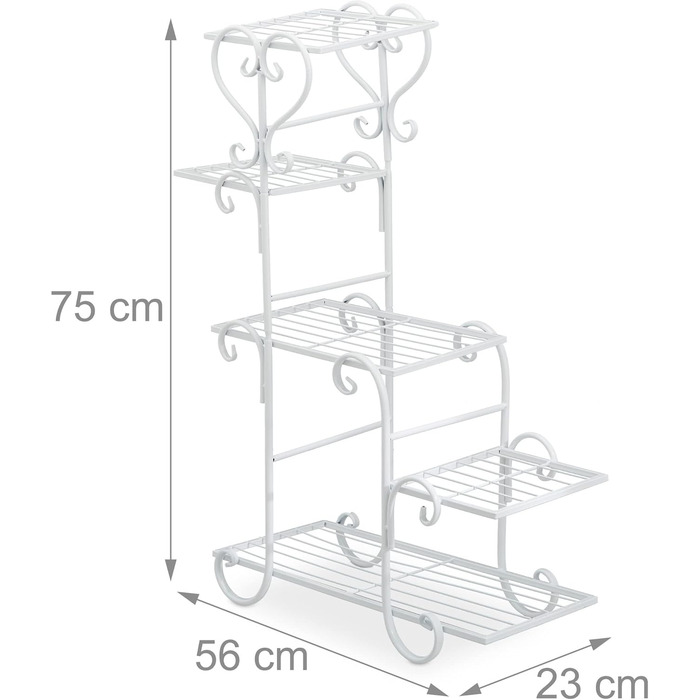 Полиця для квітів Relaxdays металева, вінтажна, 75x56x23 см, Квіткові сходи 5 полиць, залізо (біле)