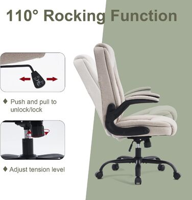 CASTLOVE Ергономічне крісло для офісу, комп'ютерне крісло, крісло для начальника з підйомними підлокітниками, висока спинка, функція гойдання, регульована висота, зручне, офісне крісло для дому, офісу, тканина, кремовий колір