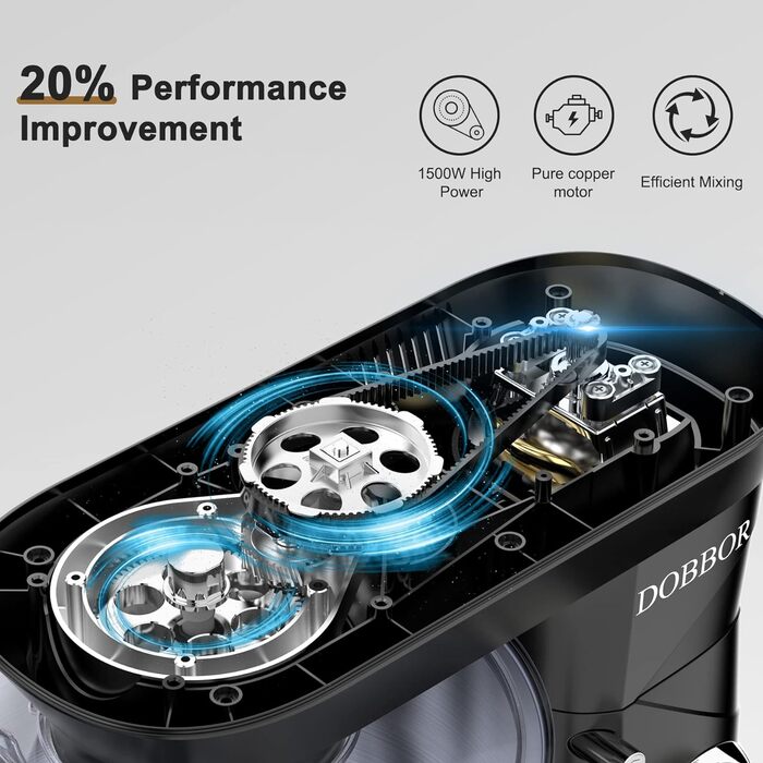 Кухонна машина 9.5л з планетарним міксером, 1500W, DOBBOR, з набором насадок (міксер, гак для тіста, вінчик), захист від бризок, 7 швидкостей, чорний колір