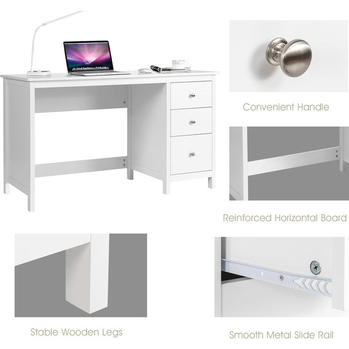 Комп'ютерний стіл LIFEZEAL з 3 шухлядами, 120 x 50 см, для офісу та робочого кабінету (білий)