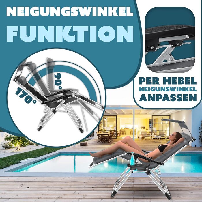 Шезлонг KESSER® для саду, широке посадкове місце, стійкий до погодних умов, витримує до 200 кг, ергономічна спинка з регулюванням та подушкою, підсклянник, підлокітники та бічна кишеня, антрацитовий колір