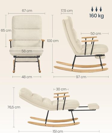 Крісло-гойдалка SONGMICS HOME з дерева каучука, флісова оббивка, регульована спинка, до 160 кг, для спальні/вітальні, камелеон-колір