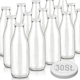 Пляшки для молока об'ємом 1000 мл з 4 кришками, що не містять бісфенолу А, скляні пляшки об'ємом 1 л, також доступні з 4/6/9/12/15 пляшками для смузі, пляшки з широким горлечком, пляшка для молока, порожня для наповнення, пляшка для пиття з кришкою, що загвинчується (15 пляшок 30 кришок), 2