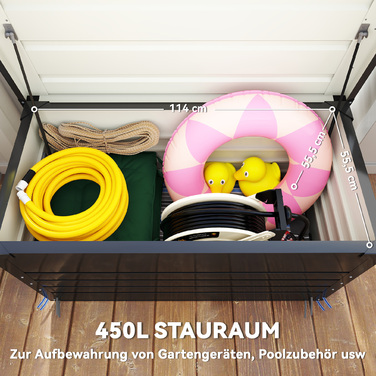 Короб для подушок Gartenbox Metall 450L – міцна металева коробка об'ємом 450 літрів з подвійними стінками кришки. Розміри: 120 x 61 x 62 см. Водостійка, з можливістю замикання. Колір: сірий.