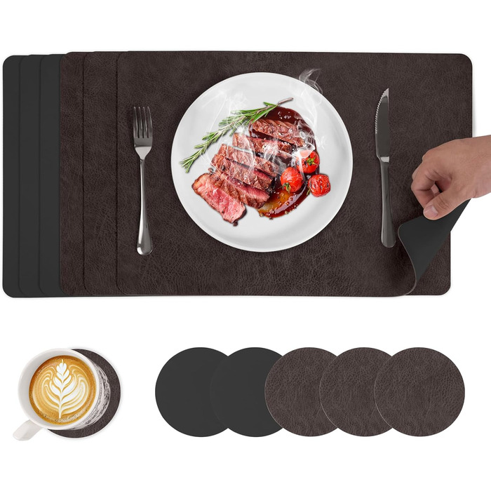 Набори серветок на стіл, відмивані, підставки під горнятка, термостійкі, з екошкіри, двосторонні, для обіднього столу, декор, для вулиці, 43x30 см, світло-зелений+бежевий (6 шт., кутові, кава+чорний)