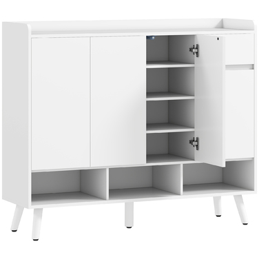 Шафа для взуття HOMCOM з безручковим дизайном, 4 дверцятами, 4 регульованими полицями, окремо стояча полиця для взуття на 5 дерев'яних ніжках, дерево, білий