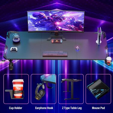 Ігровий стіл Himimi 160x70 см з LED підсвічуванням, стіл для ПК з карбоновою поверхнею, стіл геймера з органайзером для кабелів, тримачем для напоїв та гачком для навушників (Чорний)