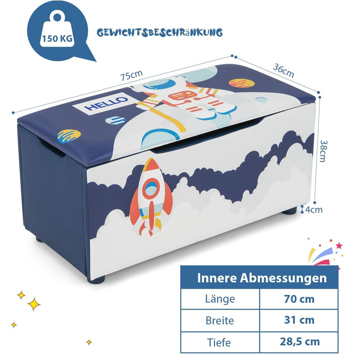 М'яка коробка для іграшок COSTWAY, дитяча коробка для зберігання зі знімною кришкою, універсальна лавка для іграшок з візерунком Rockets & Planet, для вітальні, дитячої, дитячої кімнати (синій)
