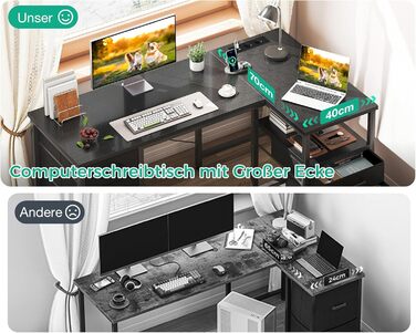 Комп'ютерний стіл Coleshome L-подібний з висувними ящиками з тканини, USB-порт та розетка, для дому та офісу (Чорний, 140x70 см)