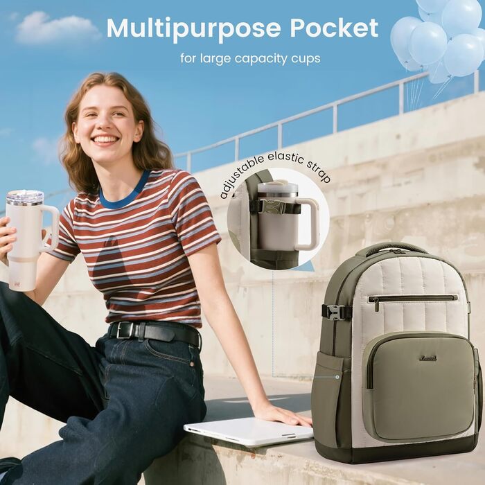 LOVEVOOK Рюкзак для жінок, водонепроникний шкільний рюкзак для підлітків, легка сумка-мішок з відділенням для ноутбука, рюкзак для жінок, одноденні рюкзаки для вчителів, школи, університету, офісу, роботи (15,6 дюймів, зелений + бежевий)