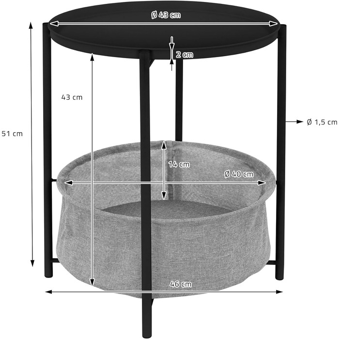 Журнальний стіл ML-Design круглий Ø46 x H51 см, металевий, журнальний столик з тканинним кошиком і знімним підносом, диванний столик з кошиком для зберігання, сучасний дизайн, маленький столик, стіл для вітальні Приліжкова тумбочка (чорний)