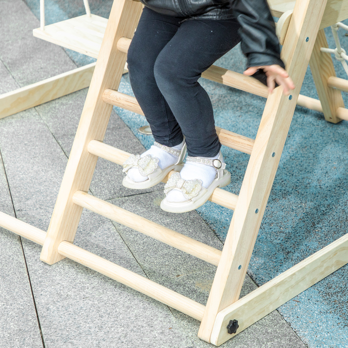 Дитячий ігровий комплекс 5-в-1 з гіркою, гойдалкою, сіткою для лазіння, баскетбольним кільцем, складаний, для дітей 3-6 років, з натурального дерева