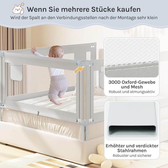 Бортик для ліжка WOLTU 150 см, захисний бортик для дітей та немовлят, висота регулюється 69-87 см, тканина Оксфорд, металевий каркас, світло-сірий